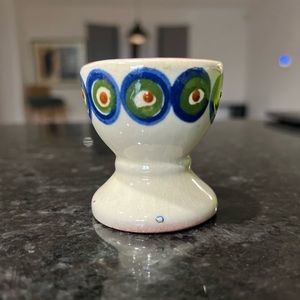 Vintage Polish Pottery Hand-painted Minimal Peacock Egg Cup